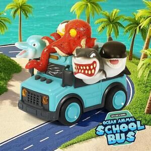 DINOBROS School Bus with Light and Sound Ocean Animal Toys Friction Powered Car